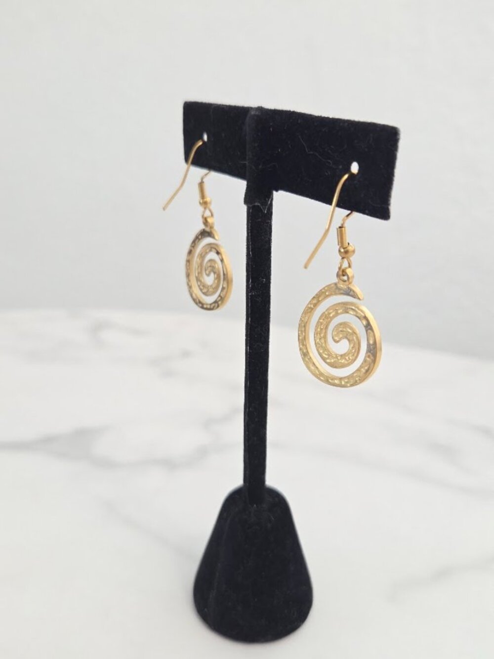 Gold Spiral Dangle Earrings Swirl Drop Boho Minimalist Jewelry - Picture 7 of 9